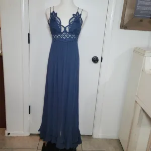 Free People Adella Blue Maxi Slip Boho Gown Beach Resort Dress Size S