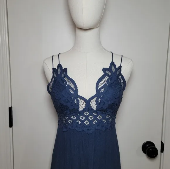Free People Adella Blue Maxi Slip Boho Gown Beach Resort Dress Size S