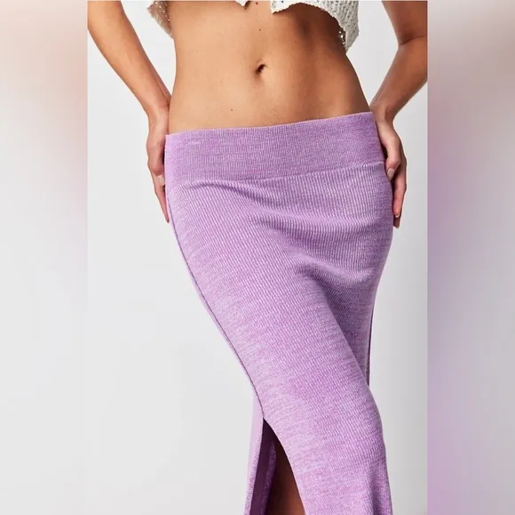 Free People | Alara midi skirt size large purple knit new stretchy spring slit