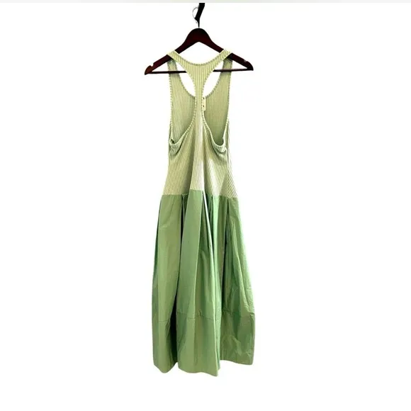 Free People Drop Of Venus Midi Mix Media Dress Bubble Skirt Green w pockets Sz S