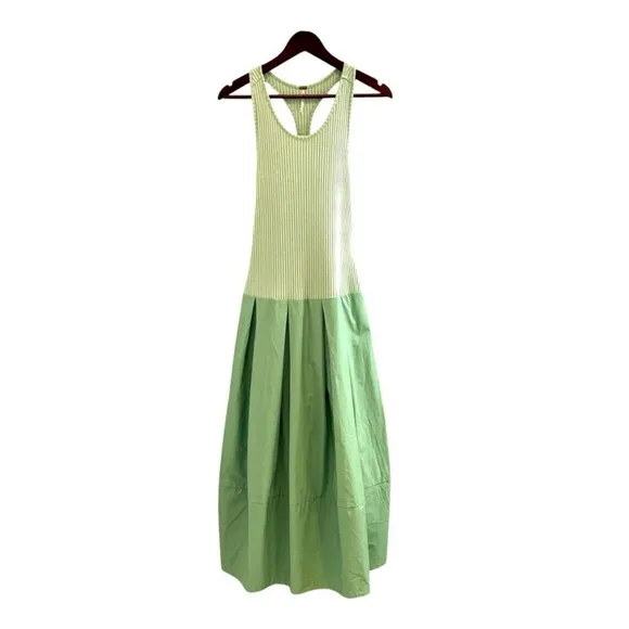 Free People Drop Of Venus Midi Mix Media Dress Bubble Skirt Green w pockets Sz S