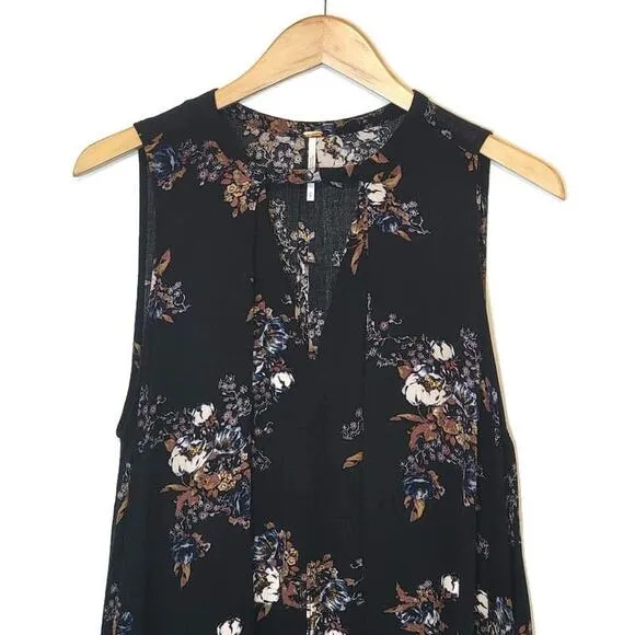 Free People Floral V Neck Sleeveless Black Flowy Swing Mini Dress Size S