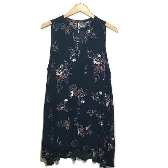 Free People Floral V Neck Sleeveless Black Flowy Swing Mini Dress Size S