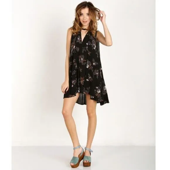 Free People Floral V Neck Sleeveless Black Flowy Swing Mini Dress Size S