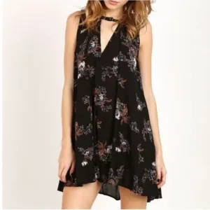 Free People Floral V Neck Sleeveless Black Flowy Swing Mini Dress Size S