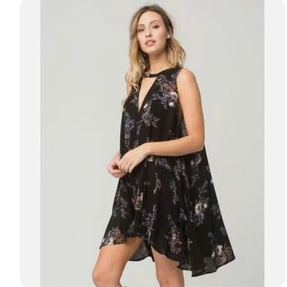 Free People Floral V Neck Sleeveless Black Flowy Swing Mini Dress Size S