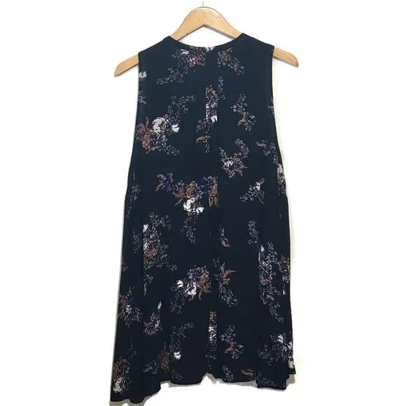 Free People Floral V Neck Sleeveless Black Flowy Swing Mini Dress Size S