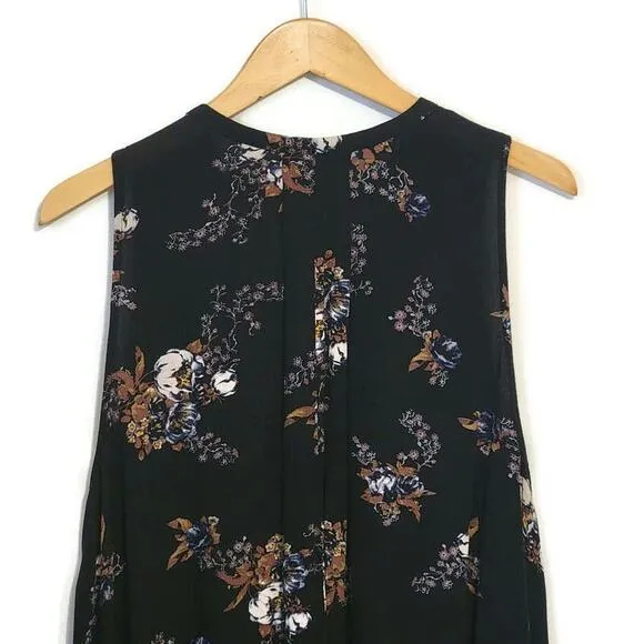 Free People Floral V Neck Sleeveless Black Flowy Swing Mini Dress Size S