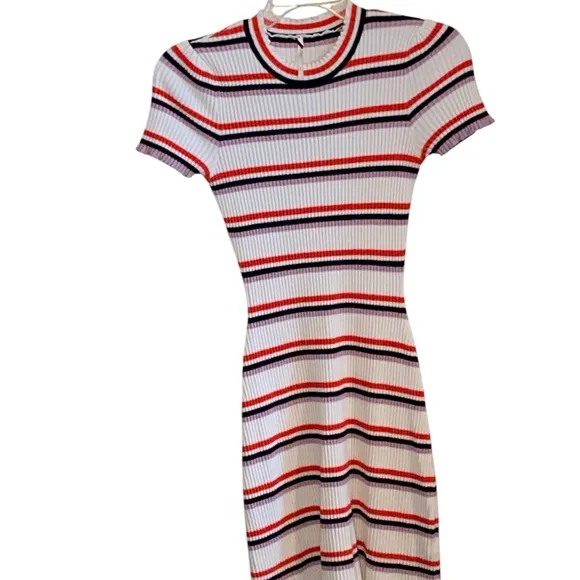 Free People So Easy Knit ribbed striped white red black &amp; lavender bodycon Dress