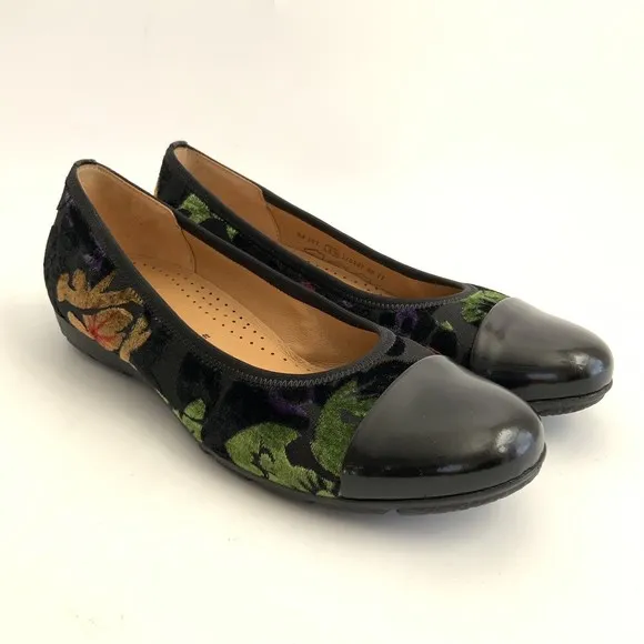 Gabor Hovercraft Flats Women Size 4.5 US 7M Black Floral Velvet Cap-toe