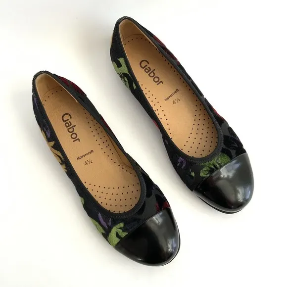 Gabor Hovercraft Flats Women Size 4.5 US 7M Black Floral Velvet Cap-toe