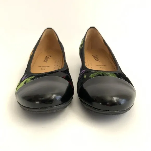 Gabor Hovercraft Flats Women Size 4.5 US 7M Black Floral Velvet Cap-toe