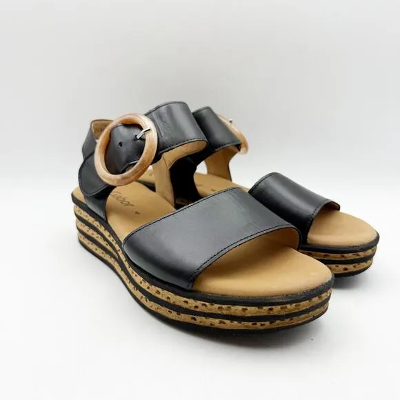 Gabor Womens 44.55 Wedge Sandals Size 4 Black Tan Leather Buckle Strap NWOB