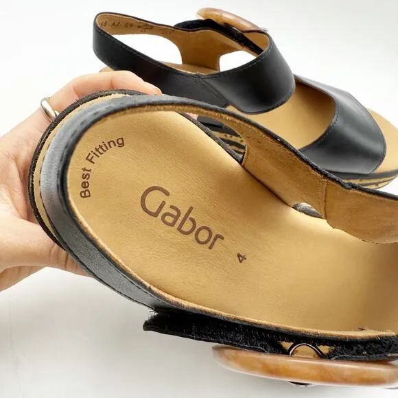Gabor Womens 44.55 Wedge Sandals Size 4 Black Tan Leather Buckle Strap NWOB