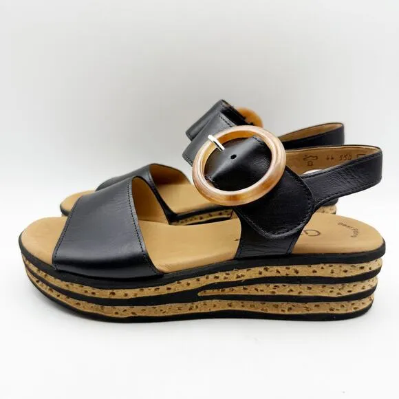 Gabor Womens 44.55 Wedge Sandals Size 4 Black Tan Leather Buckle Strap NWOB