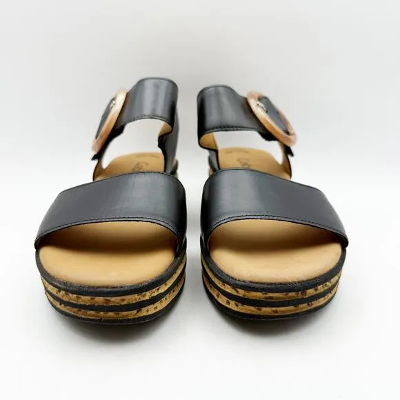 Gabor Womens 44.55 Wedge Sandals Size 4 Black Tan Leather Buckle Strap NWOB