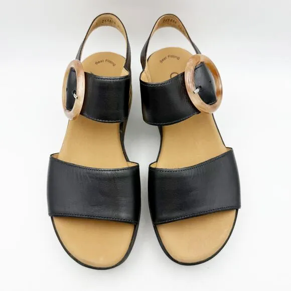 Gabor Womens 44.55 Wedge Sandals Size 4 Black Tan Leather Buckle Strap NWOB