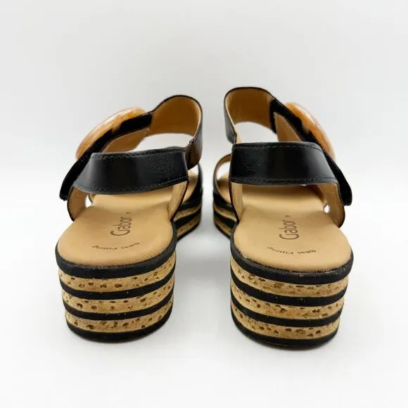 Gabor Womens 44.55 Wedge Sandals Size 4 Black Tan Leather Buckle Strap NWOB