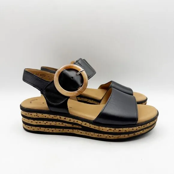 Gabor Womens 44.55 Wedge Sandals Size 4 Black Tan Leather Buckle Strap NWOB