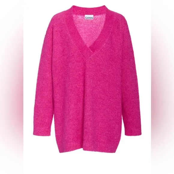 GANNI oversized v neck wool knit jumper sweater hot pink size small
