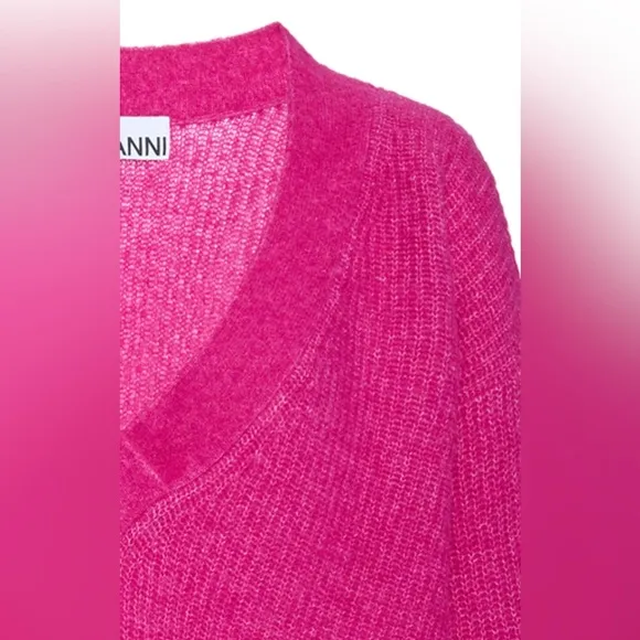 GANNI oversized v neck wool knit jumper sweater hot pink size small