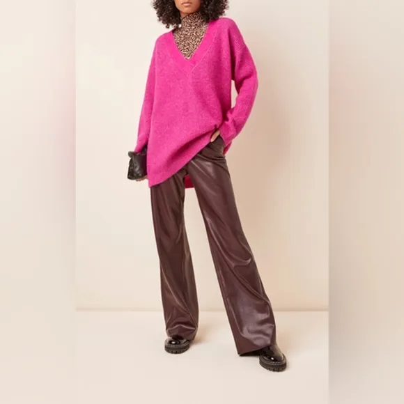 GANNI oversized v neck wool knit jumper sweater hot pink size small