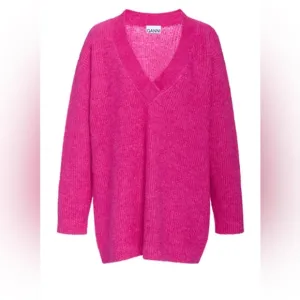 GANNI oversized v neck wool knit jumper sweater hot pink size small
