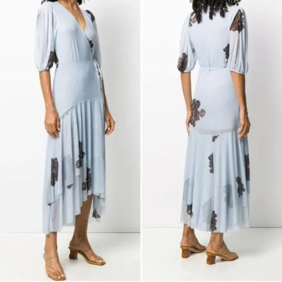 GANNI Tiered Ruffle Sky Blue Floral Long Mesh Wrap Dress XS Resort Wedding