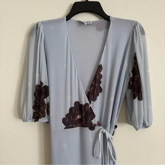 GANNI Tiered Ruffle Sky Blue Floral Long Mesh Wrap Dress XS Resort Wedding