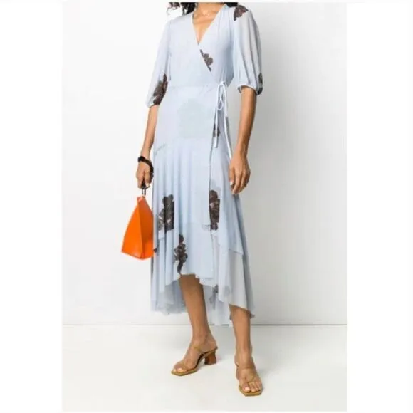 GANNI Tiered Ruffle Sky Blue Floral Long Mesh Wrap Dress XS Resort Wedding