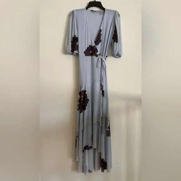 GANNI Tiered Ruffle Sky Blue Floral Long Mesh Wrap Dress XS Resort Wedding