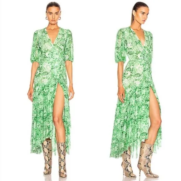 GANNI Tiered Ruffle Sky Blue Floral Long Mesh Wrap Dress XS Resort Wedding