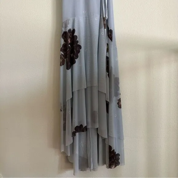 GANNI Tiered Ruffle Sky Blue Floral Long Mesh Wrap Dress XS Resort Wedding