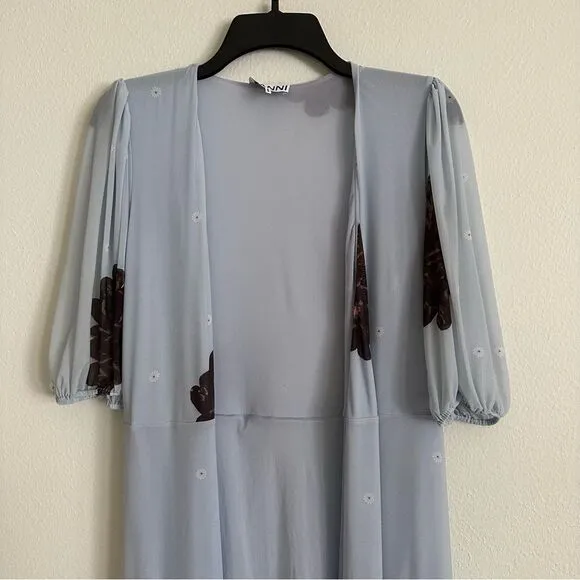 GANNI Tiered Ruffle Sky Blue Floral Long Mesh Wrap Dress XS Resort Wedding