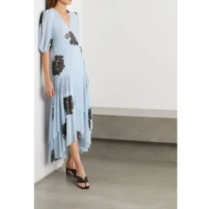 GANNI Tiered Ruffle Sky Blue Floral Long Mesh Wrap Dress XS Resort Wedding