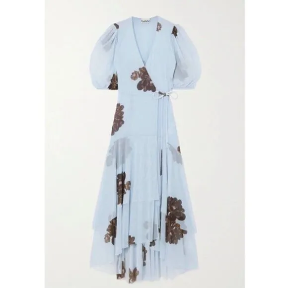 GANNI Tiered Ruffle Sky Blue Floral Long Mesh Wrap Dress XS Resort Wedding