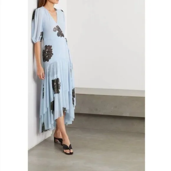 GANNI Tiered Ruffle Sky Blue Floral Long Mesh Wrap Dress XS Resort Wedding