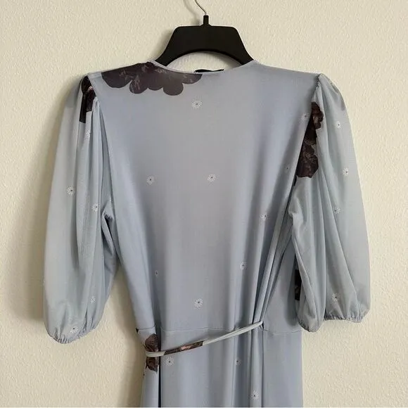 GANNI Tiered Ruffle Sky Blue Floral Long Mesh Wrap Dress XS Resort Wedding