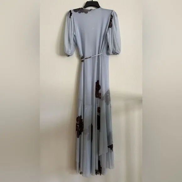 GANNI Tiered Ruffle Sky Blue Floral Long Mesh Wrap Dress XS Resort Wedding
