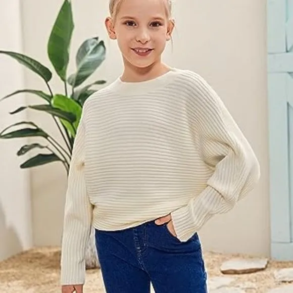Girl's Oversized Crewneck Fall Sweaters Kids Batwing Long Sleeve Slouchy