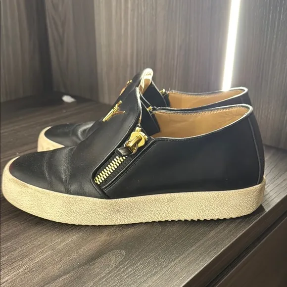 Giuseppe Zanotti Black and Gold Leather Loafers