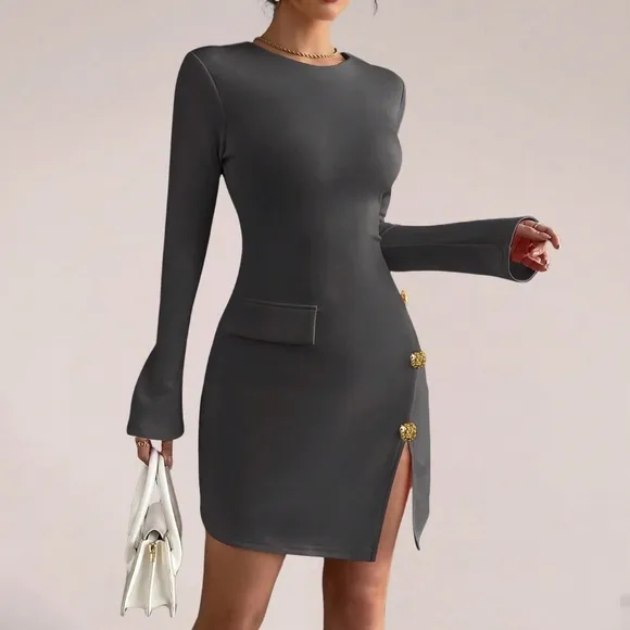 Glamine Women's Fashion Button Decor Split Long Sleeve Dress