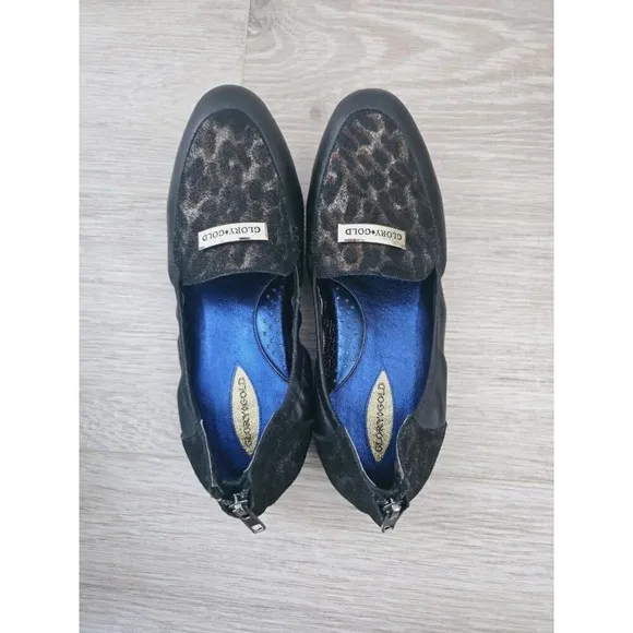 Glory Gold Groove Black Leopard Cheetah Animal Print Fur Hair Flats Loafers 8.5