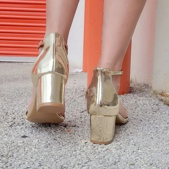 Gold‎ Ankle Straps Low Chunky Heels Sandals