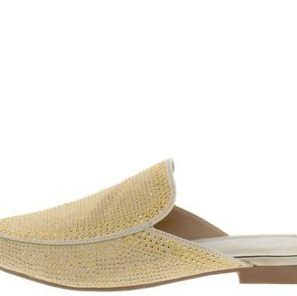 Gold Sparkle Round Toe Slide On Mule Loafer Flat