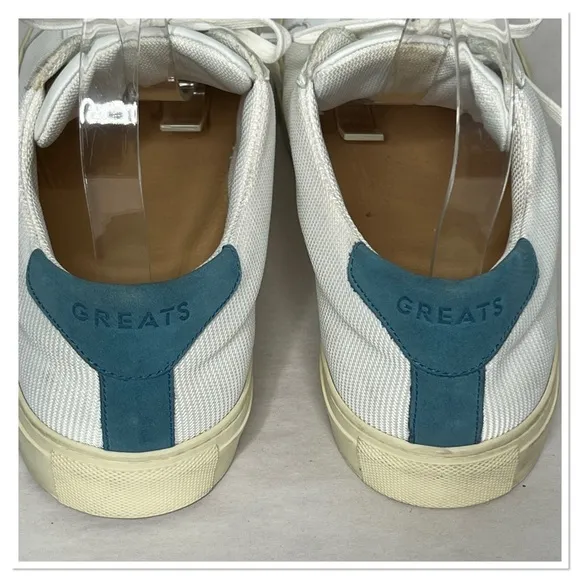 Greats Men’s White and Blue Leather &amp; Knit Trainers Sz US 10.5 EUR 43.5