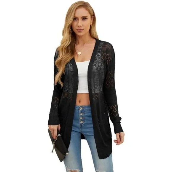 GRECERELLE Women Cardigan Sweaters Lightweight Crochet Long Sleeve Loose Soft