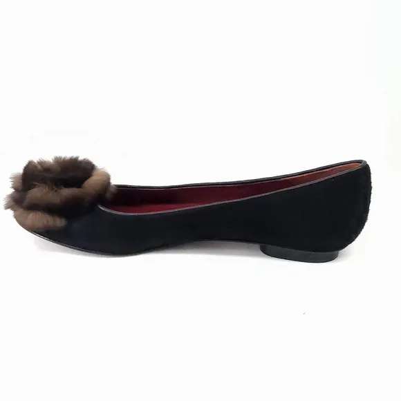 Grigiarancio by Calzaturificio Marco Fur Trim Suede Ballet Flat in Black Size 7