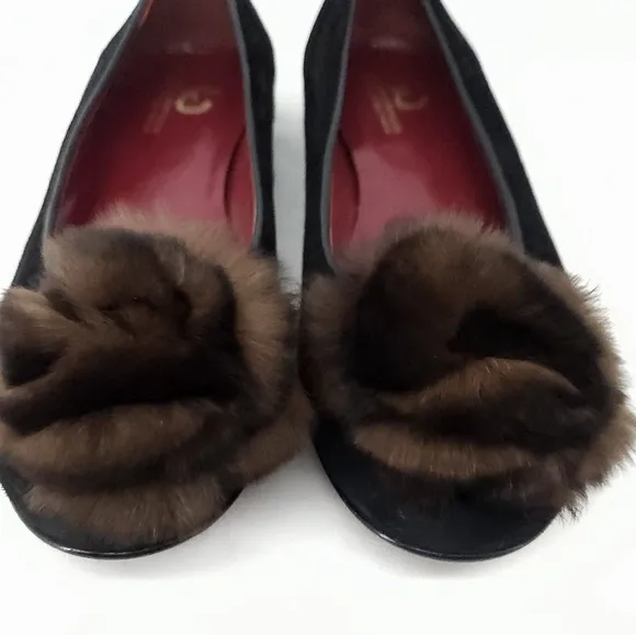 Grigiarancio by Calzaturificio Marco Fur Trim Suede Ballet Flat in Black Size 7