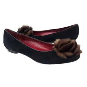 Grigiarancio by Calzaturificio Marco Fur Trim Suede Ballet Flat in Black Size 7